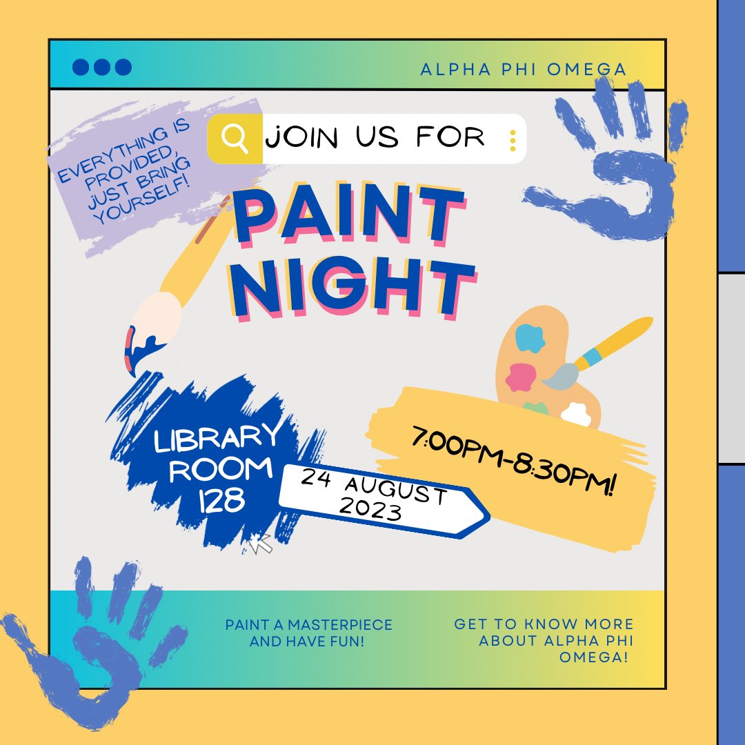 Come join Alpha Phi Omega for Paint Night tonight and paint a masterpiece! Supplies are limited so please RSVP on Corq if possible!

Contact maggie_camp2@mymail.eku.edu for more info!

#eku #ekurecruitment #eku23 #eku2023 #ekustudents #ekustudentlife #joinus #alphaphiomega #aphio