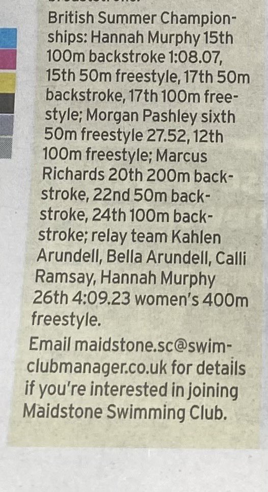 maidstonesc's tweet photo. Maidstone Swimmers feature in this weeks Kent Messenger | Update from British &amp; English National Swimming Championships 2023 - Well done Swimmers 👏👏 #swimclub #swimmers @kent_online #swimteam #swimrelay #swimminggala #teamwork #BSC23 #swimmingchampionship #swimmingcompetition https://t.co/aogvsbDoQG