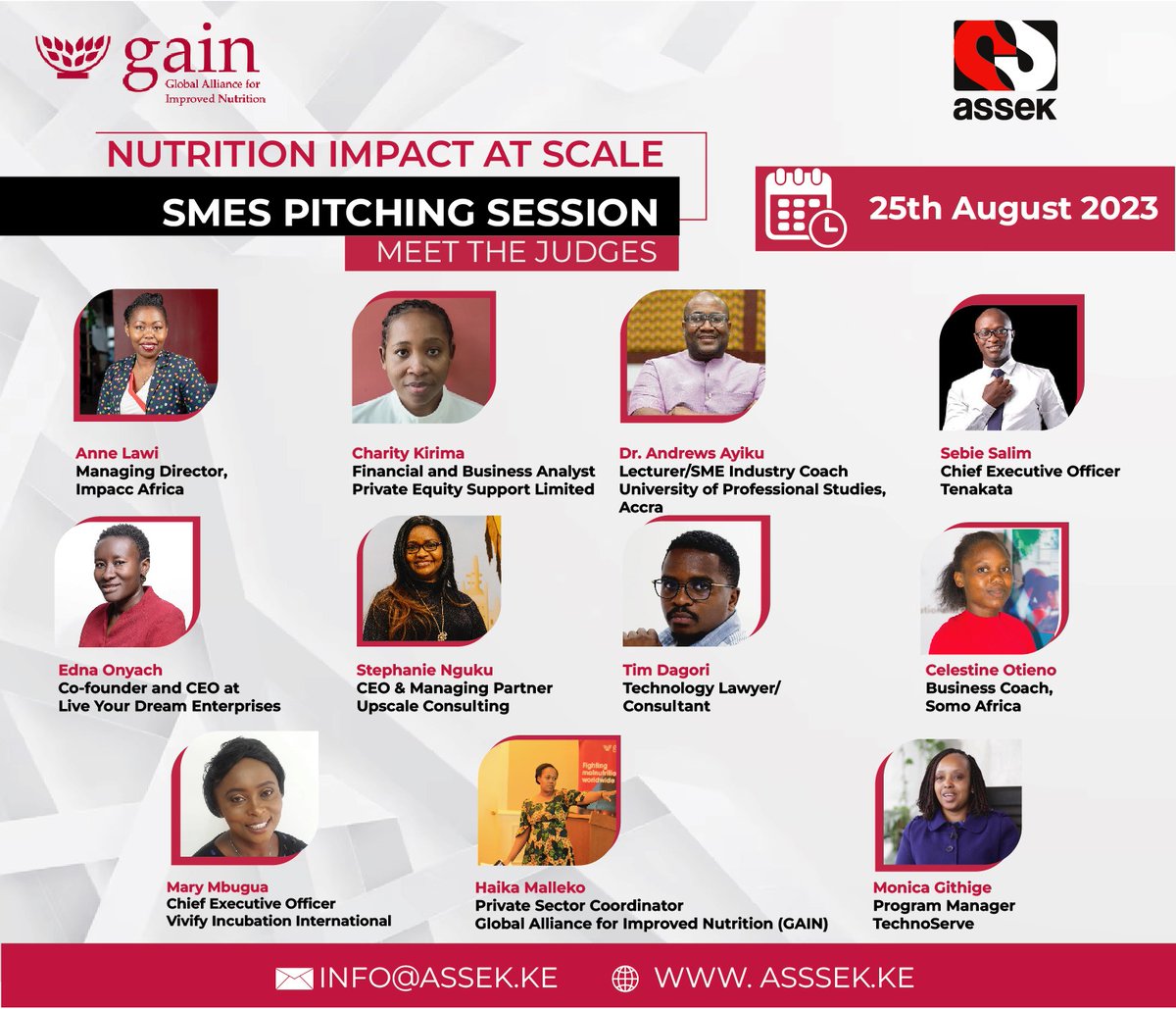 Meet the judges for the #nutrition Impact at Scale Pitching session that will be evaluating  the innovation pitches tomorrow on 25th August 2023.

They bring a wealth of expertise to the table to ensure that the pitches are well evaluated from a nutrition impact angle.