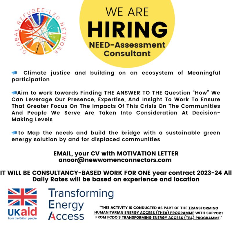📢Job Opportunity:@GrnRefugees @TEAEnergyAccess Interested in working in humanitarian situations and have knowledge of #SustainableEnergy in displacement settings?Remote; Salary based on experience and location; WOMEN Highly encouraged to apply; English (Arabic/Bengali desired)