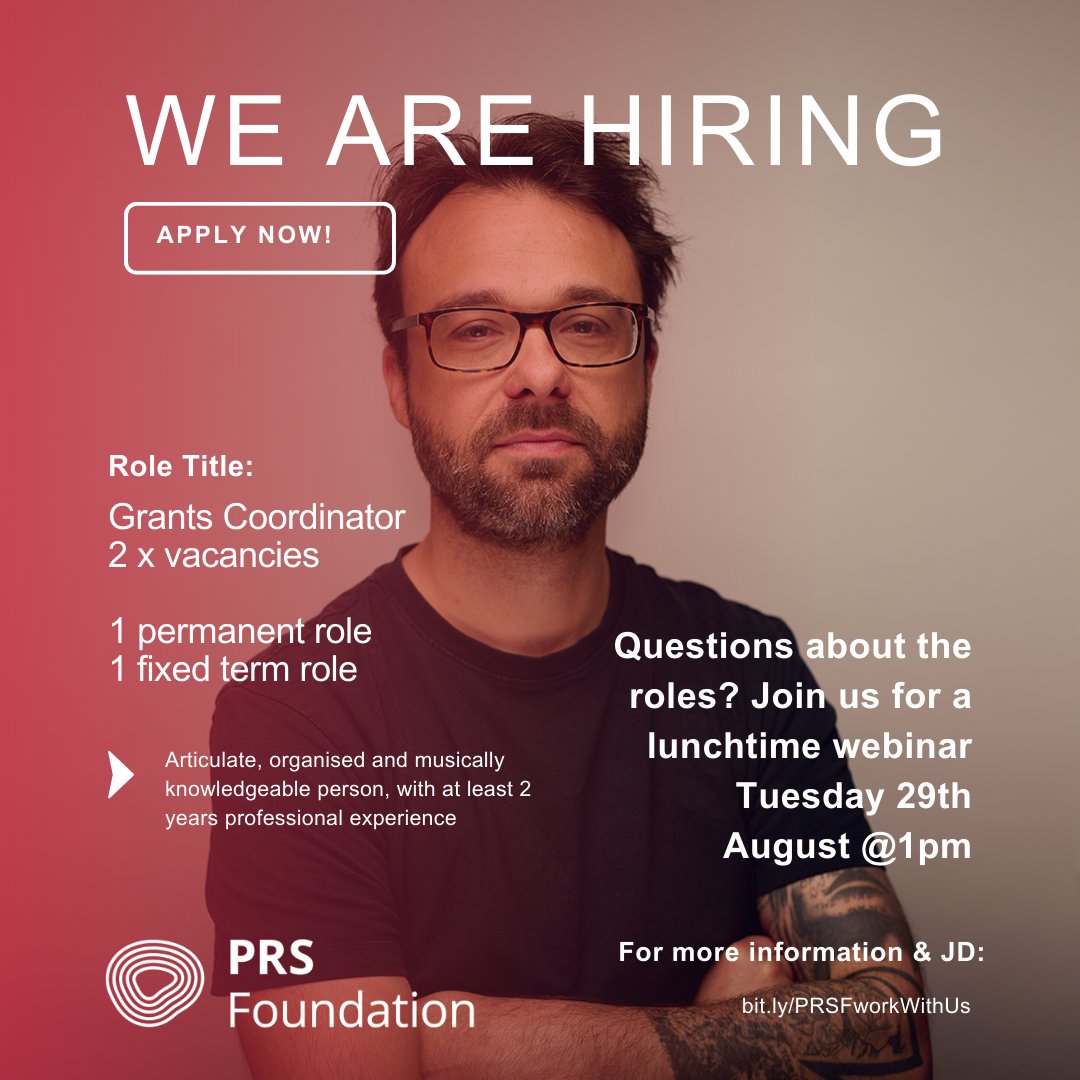 PRS Foundation is the UK’s leading charitable funder of new music &amp; talent development - we're recruiting 2 x Grants Coordinators  

Sign up to our lunchtime webinar with Grants &amp; Programmes Manager Westley Holdsworth to find out more  ⬇️

prsfoundation.com/about-us/oppor…