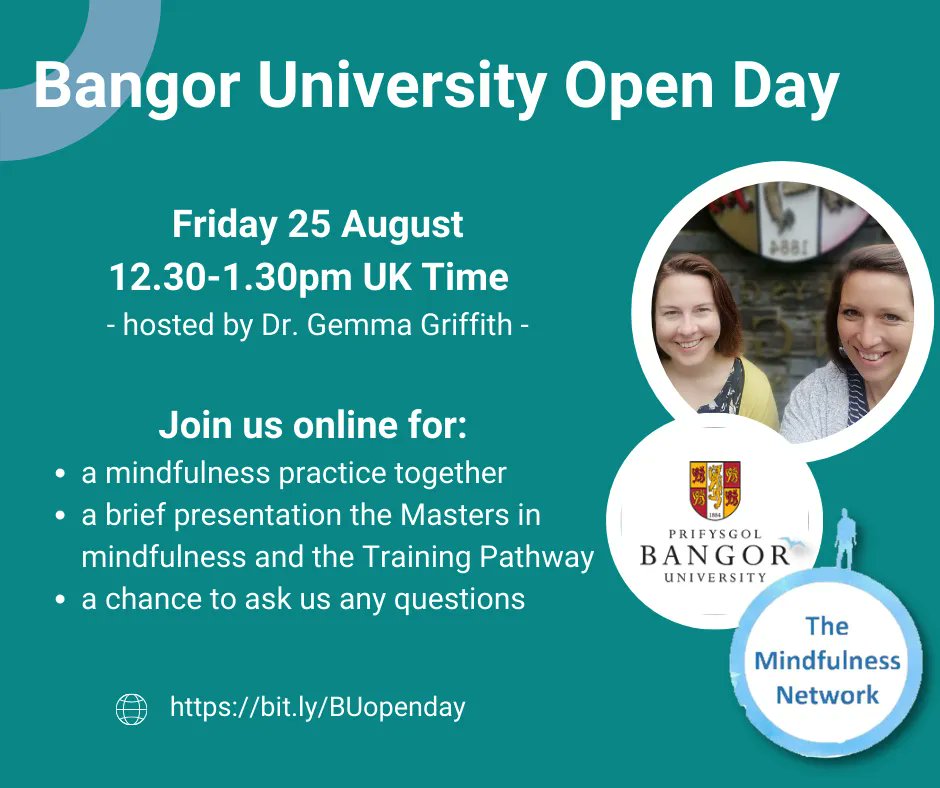 Join us online for a Q&amp;A about mindfulness training options. We can help find the right path for you, whether you want to go down the academic route @mindfulbangor or undertake professional mindfulness training: buff.ly/3MsFX8X 

#MindfulnessTraining #TeachMindfulness