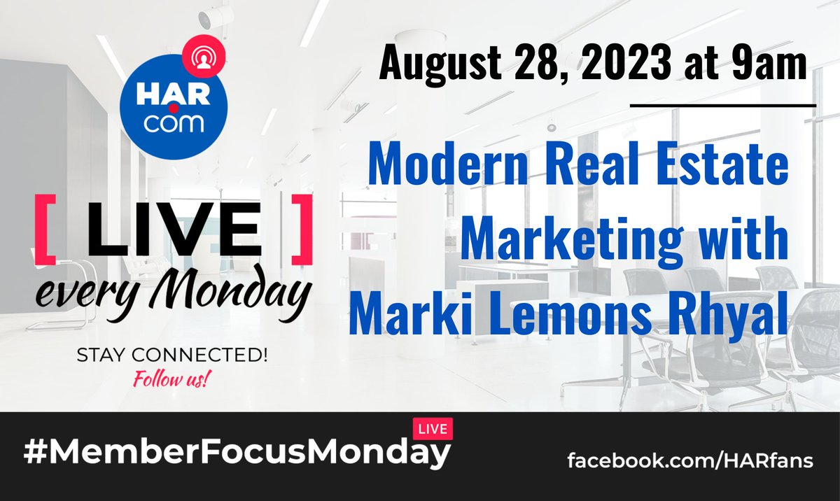 HARMembers's tweet photo. This Monday, tune in to hear Marki Lemons Rhyal share the latest marketing tactics for REALTORS® that really work and how to best utilize AI for real estate marketing! You won’t want to miss this! #MemberFocusMonday https://t.co/dMpOKM7CvK