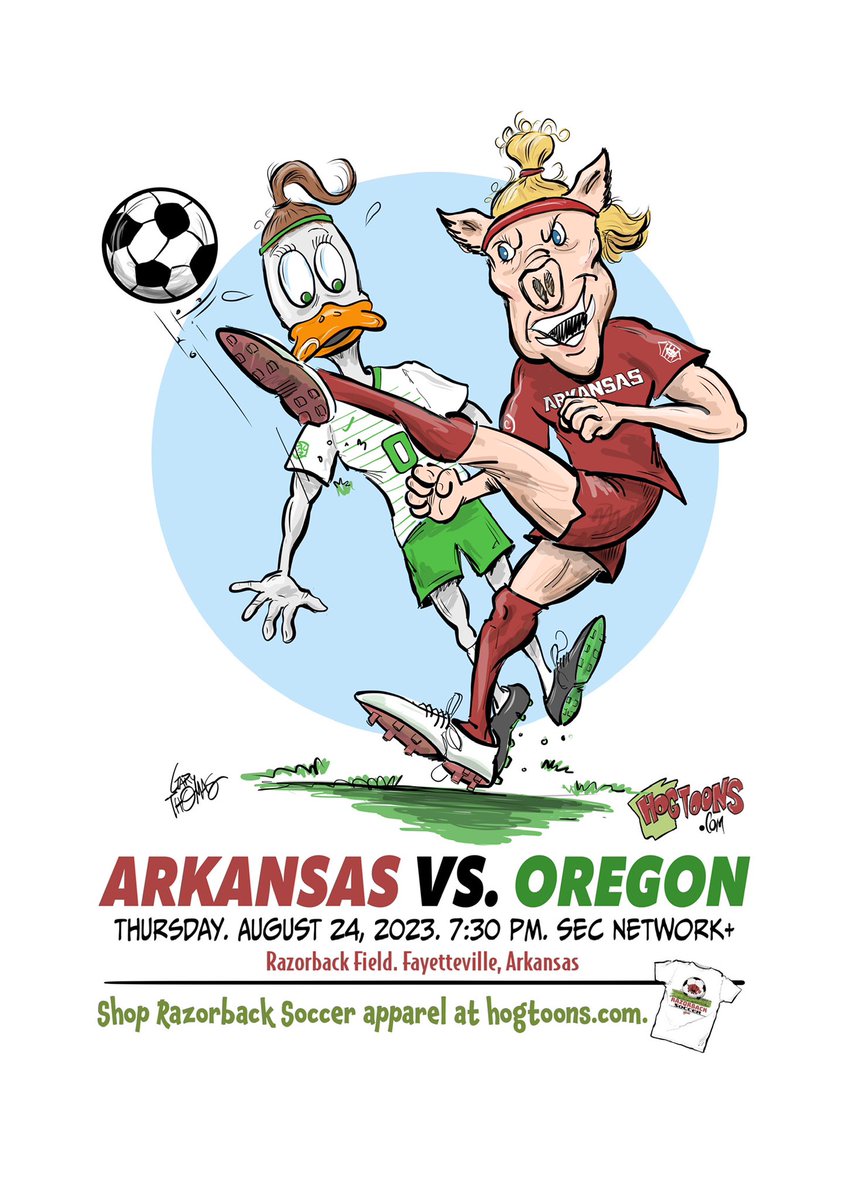 realrayzorback's tweet photo. Razorback soccer tonight! Go Hogs! Beat Oregon! @ArkRazorbacks @RazorbackSoccer @hanksportalk @CoachColbyHale #razorbacksoccer #hogtoons #razorbackart #razorbackartist Visit https://t.co/cINvZNiXNU for soccer apparel. WPS! https://t.co/QcJ11gti74