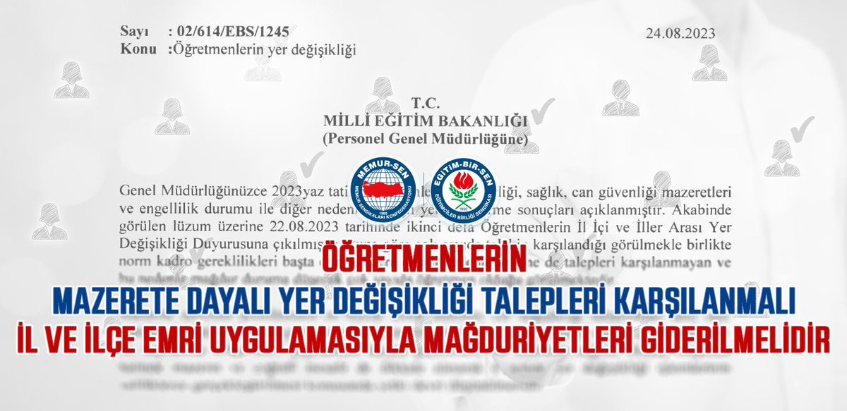 Mazeretlerine bağlı olarak yer değişikliği başvurusunda bulunan öğretmenler mazeretlerinin bulunduğu il veya ilçe emrine atamaları yapılmalıdır. 

Başvuruların karşılanamaması halinde eğitim kurumlarının ihtiyacı çerçevesinde öğretmenlerin istek ve mazeretleri doğrultusunda,
