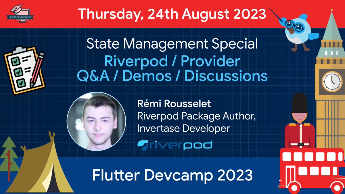 gdg_london's tweet image. 🎉 And today we are hosting @remi_rousselet  , the brilliant mind behind Riverpod! Get ready for this #FlutterDevcamp special! an exclusive Q&A session 🚀🌟 
If you're into #Flutter , you won't want to miss this! 👋
cc:  @simonLightfoot  ,@KelkarRenuka , @sumithpdd  #Riverpod
