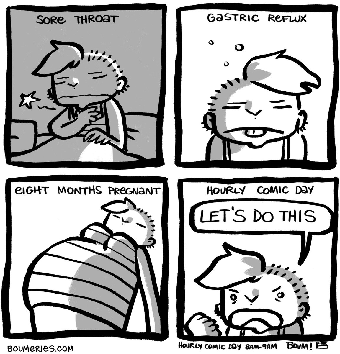 This and the next few comics were done on Hourly Comic Day 2016, so they're a bit different than your usual Boumeries. 