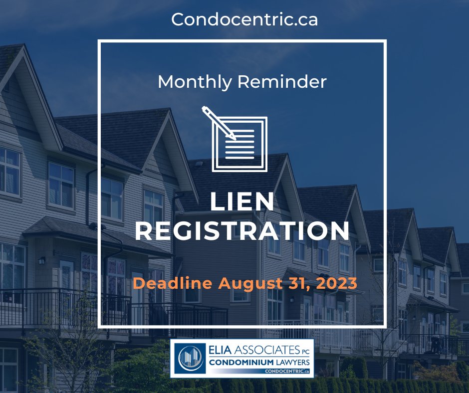 condocentric's tweet photo. The deadline for lien registration this month is August 31st  
 If you require information, please email liens@elia.org https://t.co/qz6Nf1g6YX