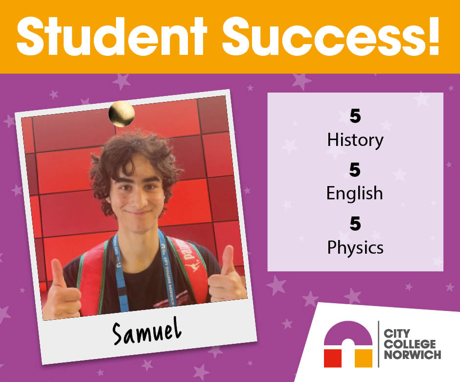 norwichcollege's tweet photo. Congratulations to our student Samuel on achieving a fantastic set of GCSE results today! 5 in History, 5 in English and 5 in Physics! ⭐

Samuel is going to stay with us at City College Norwich to study A Level Psychology, Film Studies and Media 👏 https://t.co/iWDcWorSBb