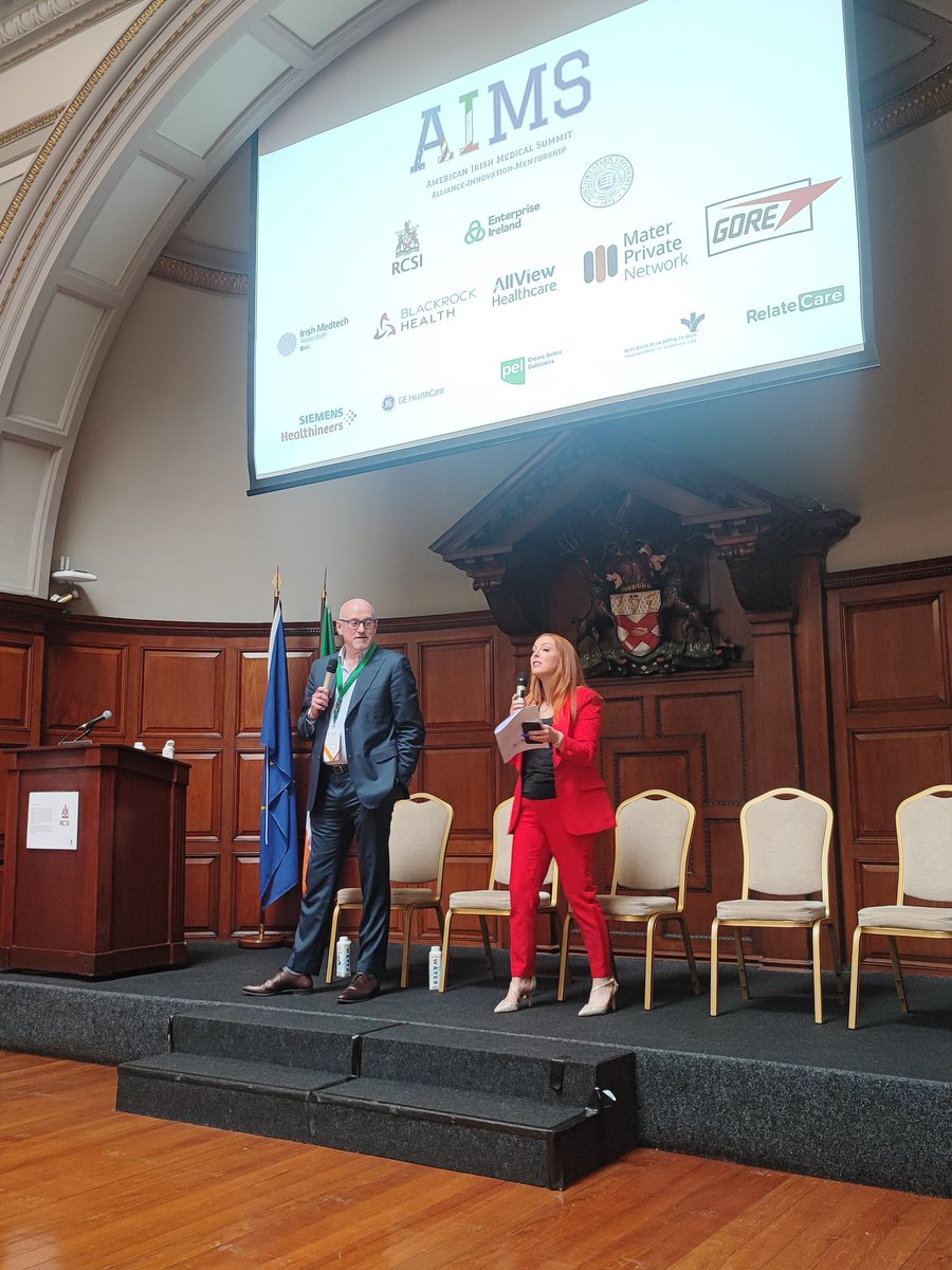 Our Innovation - Performance session has begun! 

Our chairs John Sheehan, Radiology Blackrock Health. Alumnus RCSI and Northwestern. Máire Treads Ní Cheallaigh, RCSI Graduate, Broadcaster, MC Sport an Exercise Psychology. 

#AIMSSummit #RCSI