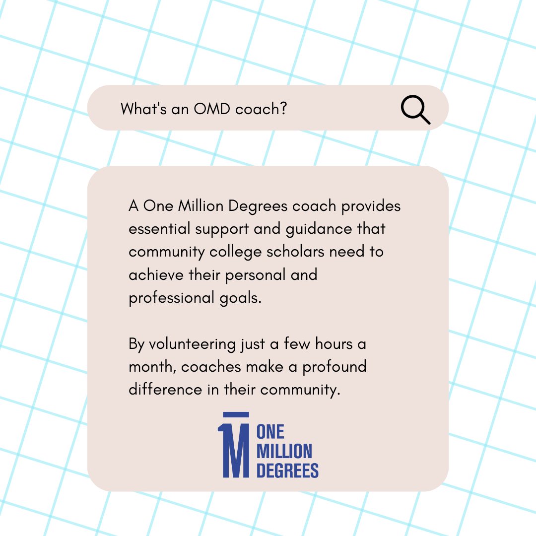 One Million Degrees (@1milliondegrees) on Twitter photo One Million Degrees coaches profoundly impact scholars, providing professional and personal support. You can make a lasting difference in the community by mentoring a group of scholars for just a few hours a month. 
 Take the first step at onemilliondegrees.org/coach/ One Million Degrees coaches profoundly impact scholars, providing professional and personal support. You can make a lasting difference in the community by mentoring a group of scholars for just a few hours a month. 
 Take the first step at onemilliondegrees.org/coach/