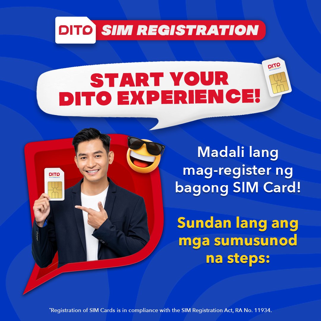 DITOphofficial's tweet photo. Madali lang simulan ang iyong DITO mobile experience! β€οΈοΈππ Sundan lang ang mga sumusunod na steps at i-register ang new DITO SIM mo sa DITO App: https://t.co/hOQZPY3CjA
#RegisterDITO #DITOtelecommunity https://t.co/XUECtIRbz8
