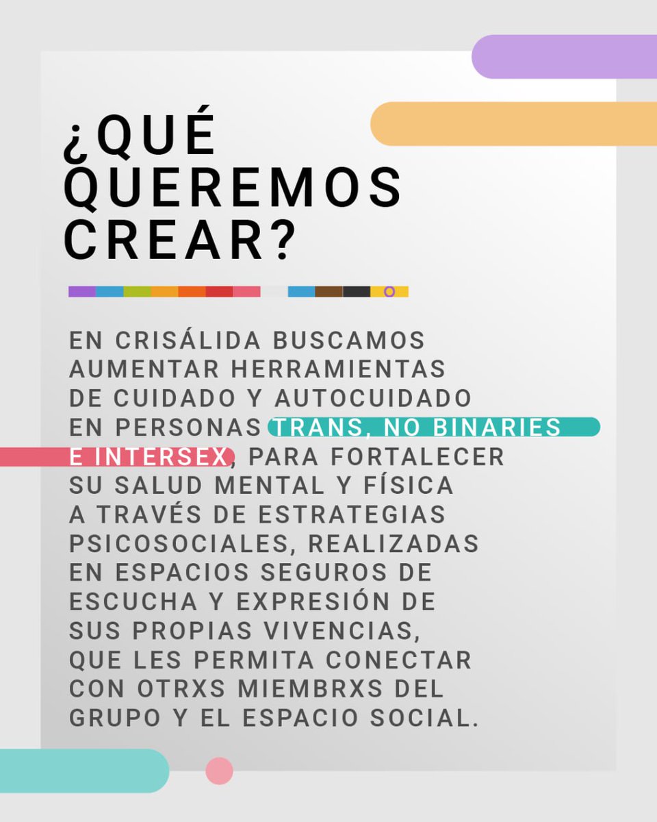 Hoy inicia nuestro grupo de apoyo y de encuentro para personas trans, no binaries e intersex CRISÁLIDA.

Si quieres formar parte llena este formulario y nos vemos HOY ✨🥰
Comparte y hagamos que esto llegue a más personas 😍💜

forms.gle/2CJcDQY5CRfFpG…