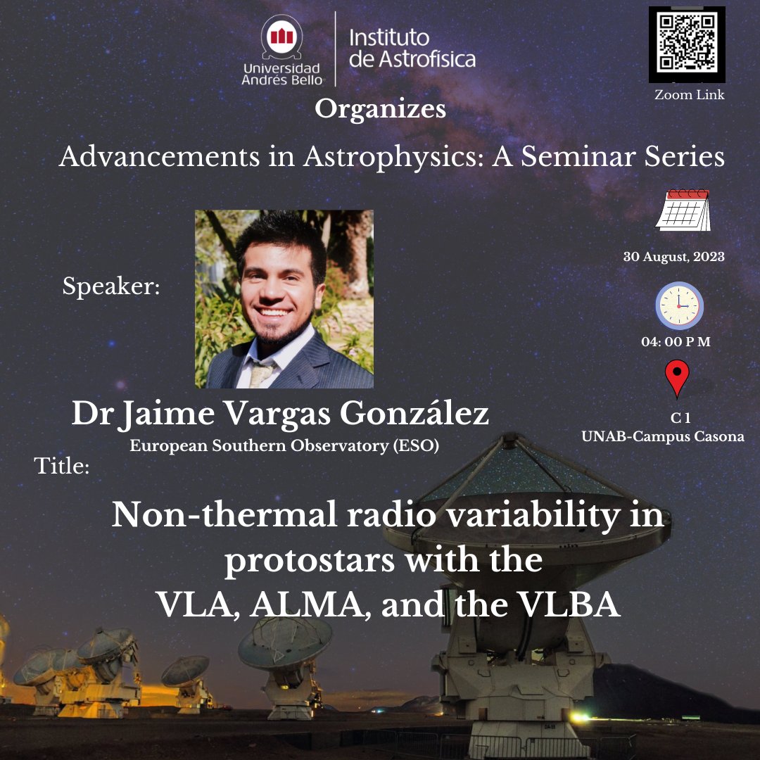 Estimados, 
 El próximo miércoles 30 de agosto a las 4:00 pm tendremos un seminario a cargo del Dr. Jaime Vargas González (ESO).  

Titulo:  Radiovariabilidad no térmica en protoestrellas con VLA, ALMA y VLBA
<a href="/UnabDcf/">dcf.unab</a>
#institutodeastrofisicaunab