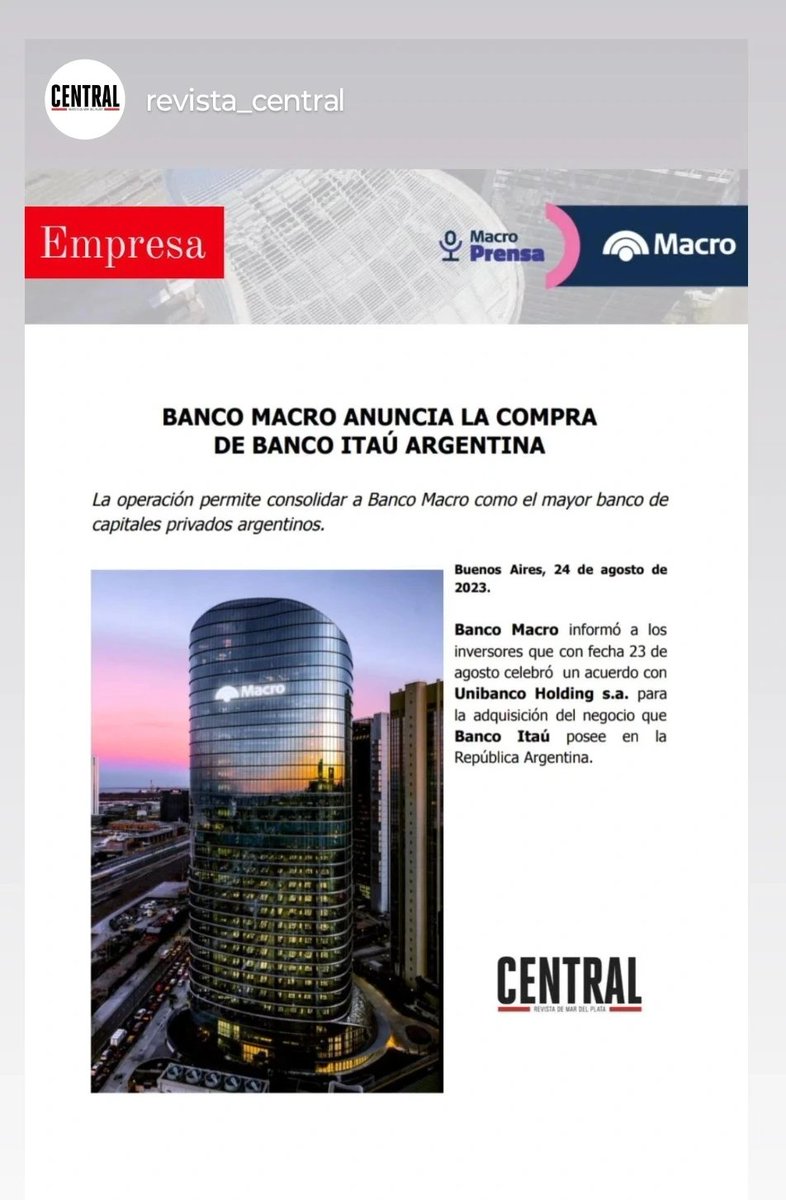 Felicitaciones a BANCO MACRO por la adquisición de Banco Itaú Argentina! 
Pensar en Grande! Capitales argentinos.

<a href="/MartinSalaMdp/">Martín Sala</a> <a href="/matiascopic/">Matias Copic</a> <a href="/RevistaCentral1/">Revista Central</a>