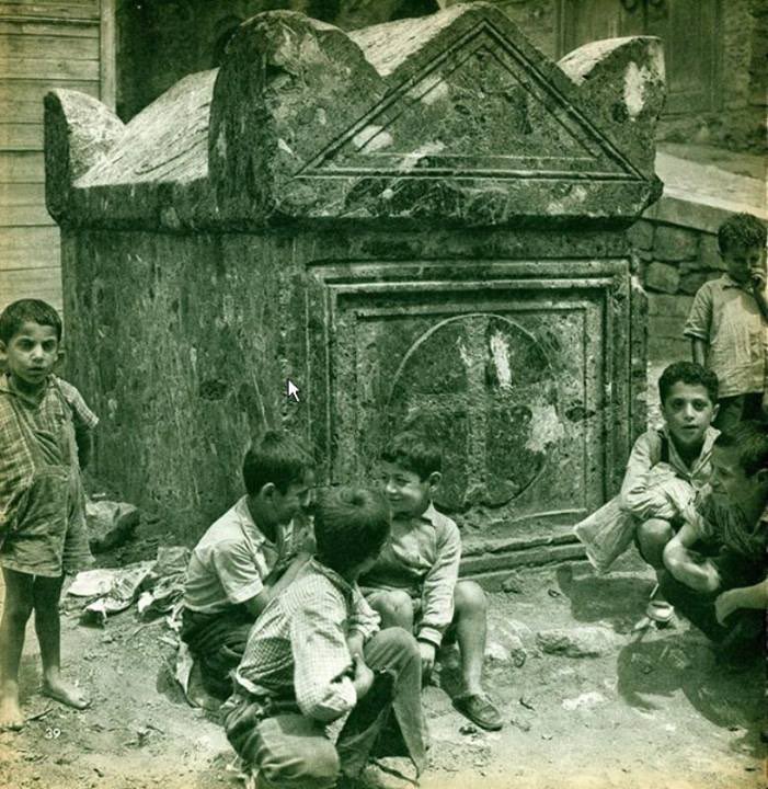 An old photo of the Empress sarcophagus. Today it’s in the outer narthex of the Hagia Sophia. It seems to have originally come from Pantokrator monastery, today’s as Zeyrek Camii in Istanbul. I think the photo is from the area before it was moved to the Hagia Sophia