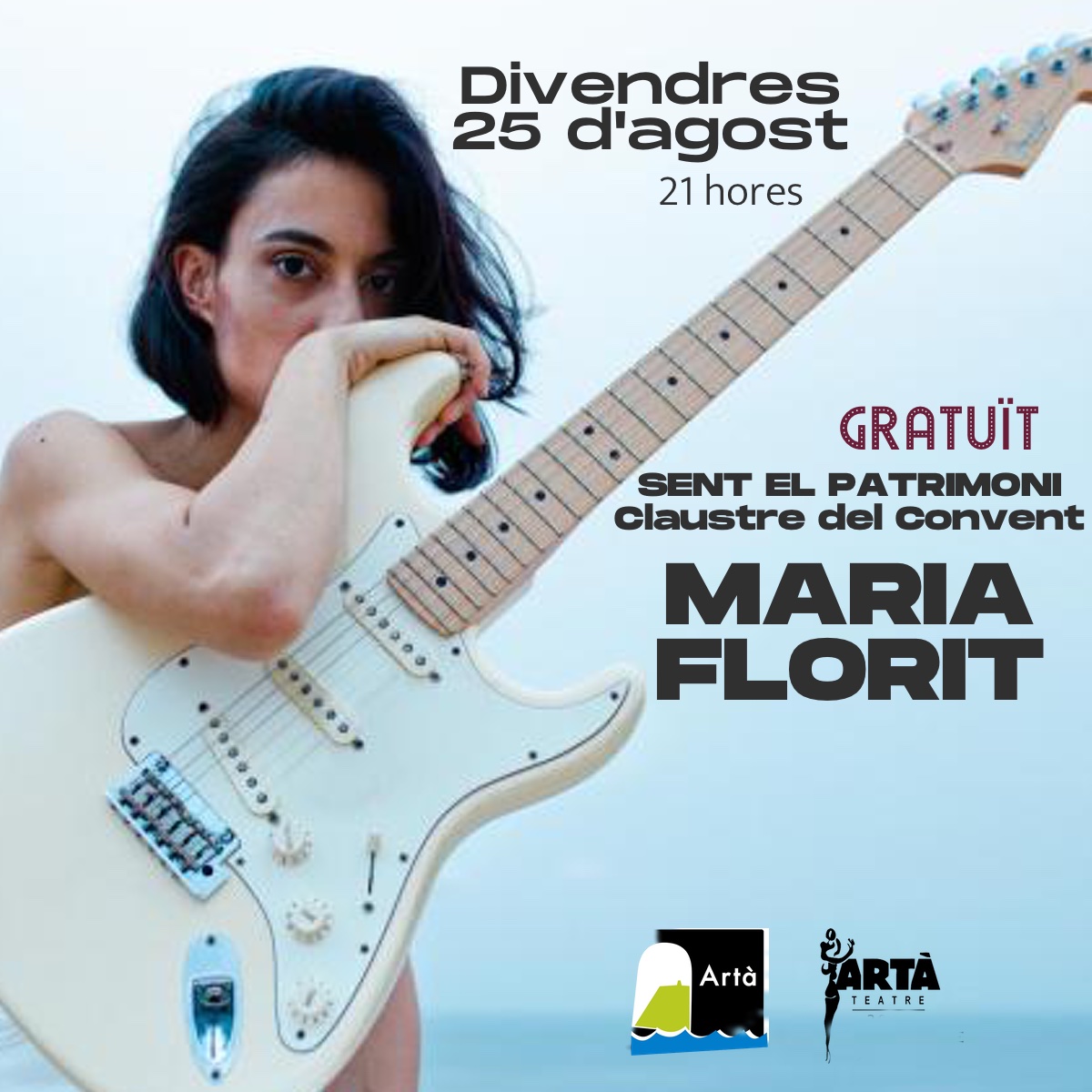 🎸🎵🎶 Demà divendres, 15 d'agost, tindrem l'oportunitat de gaudir de la música i la veu de Maria Florit dins del cicle Sent el Patrimoni. Al Claustre del Convent d'#Artà, a partir de les 21 h. 🎟️Gratuït.
Vos esperam! 😜