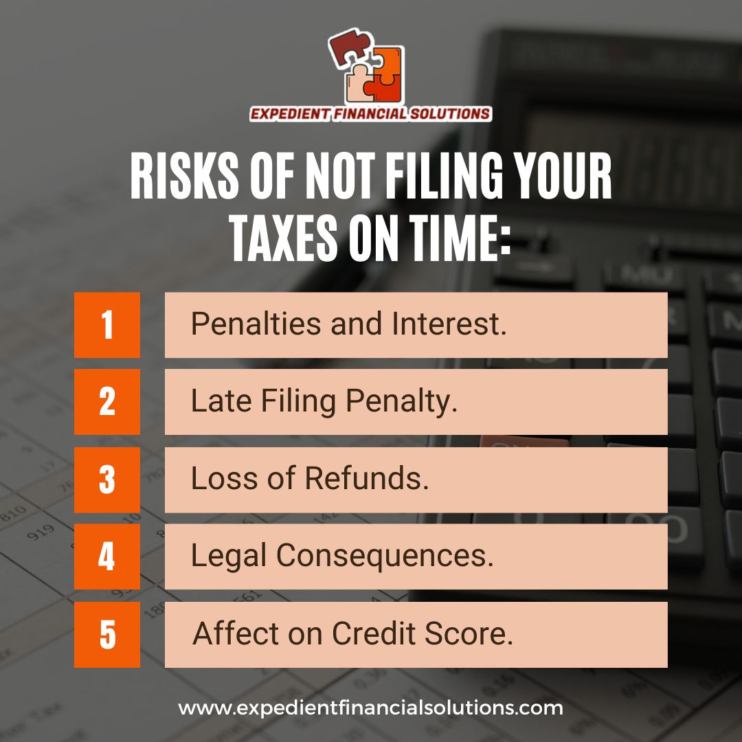 Time waits for no one, especially the IRS! Don't worry, we're here to help you navigate the tax maze and avoid those risks.

Let's ensure your financial peace of mind!
☎️ 757-920-8203
💻 expedientfinancialsolutions.com

#TaxDeadlineAlert #AvoidPenalties #WeGotYouCovered #TaxFilingHelp