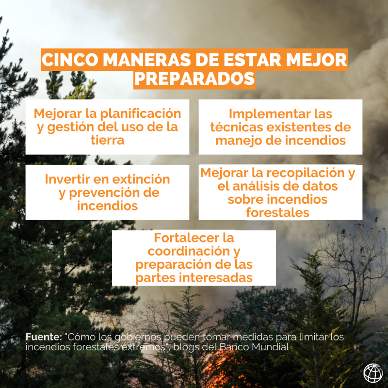 BancoMundial's tweet photo. Durante las últimas semanas, catastróficos #IncendiosForestales han devastado partes del mundo. ⁠Es esencial estar mejor preparados, ya que es probable que el cambio climático y el cambio en el uso de la tierra hagan que estos eventos sean más intensos y frecuentes: