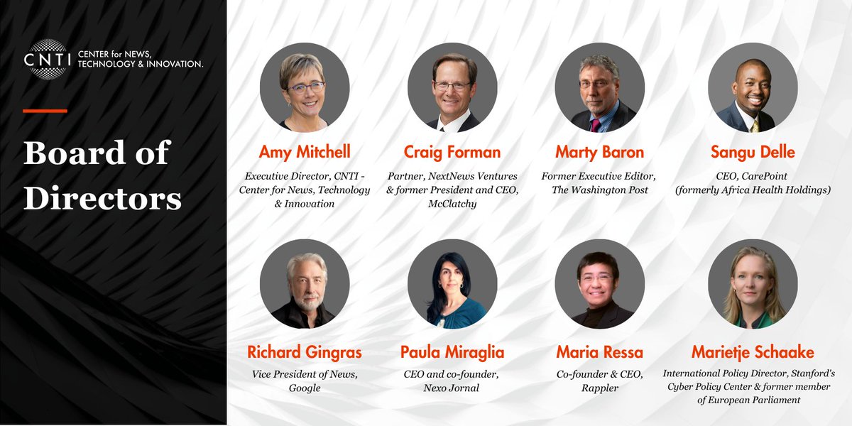 CNTI_global's tweet image. Meet @CNTI_global 's board. We're a policy research center dedicated to fostering sustainable news media, maintaining an open internet &amp;amp; promoting informed policy conversations. Paula Miraglia, @asmitch @PostBaron @SanguDelle @mariaressa @cforman @MarietjeSchaake @richardgingras