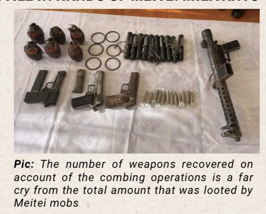 BlissAmbassador's tweet photo. THOUSANDS OF SOPHISTICATED WEAPONS STILL IN HANDS OF MEITEI MILITANTS

The ethnic violence in Manipur is now completing its fourth month and, contrary to the claims of government officials, there are no signs that things are returning to normal. The recent cold-blooded murder of 3 Kuki-Zo tribal volunteers in Ukhrul districts by Meitei terrorists has escalated tensions yet again.

The State government’s apathy in recovering the sophisticated guns handed over to Meitei militant outfits from police stations in the Imphal valley has been one major factor for continuing violence. Overall, more than 6000 sophisticated arms and over 6 lakhs ammunition rounds have been given to Meitei militant outfits like the Arambai Tenggol by Meitei policemen till today.

 Combing operations have been launched but these
turn out to be namesake. Sources from the Central security agencies have revealed that arms recovery is much below their expectation. Only around 1800 out of 6000 arms have been recovered. Security officials have pointed to the obstructionist role of the Meitei Meira Paibis as one reason why combing operations were often unsuccessful. The sources also confirmed that most of these weapons have now fallen into the hands of Valley-based Insurgent Groups (VBIGs) who are recognised as ‘terrorist organisations’ as per the Unlawful Activities (Prevention) Act, 1967

Our demand for separate administration stands strong and resolute. It is the only viable solution to protect our community, preserve our culture, and ensure lasting peace in Manipur. It's time for truth, justice, and a future free from falsehood.

#AngloKukiWar 
#Anglo_Kuki_War1917 
#DebunkingMeiteiLies 
#MeiteisLiesXposed
#AngloKukiWar 
#Kuki_Zo 
#SeparateAdministrationOnlySolution  

@RapporteurUn @MelissaFleming @IndianExpress @thewire_in  @newslaundry @AJEnglish @timesofindia @htTweets  @PTI_News @amnestysasia  @rashtrapatibhvn @LiveLawIndia @barandbench @priyankagandhi  @TribalAffairsIn @narendramodi @UN @UNICEFIndia @UNICEF @unwomenindia @UNHumanRights @INCIndia @min_homeaffairs @easterncomd @TheDeshBhakt @TheQuint @CNN @ashoswai @rwac48 @jeegujja @AJENews @Jairam_Ramesh @afridahussai @ravishndtv @dhruv_rathee   @abhisar_sharma @HansrajMeena