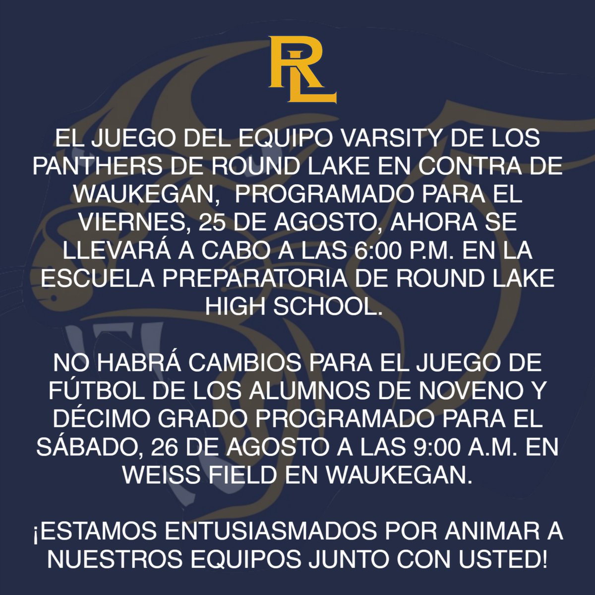 Panther Fans!  Our first game of the season will be at Round Lake HS on Friday night!  Cash/Card admission at the door. Live stream the game here: 
 loom.ly/yjrFIBk  #WeAreRL