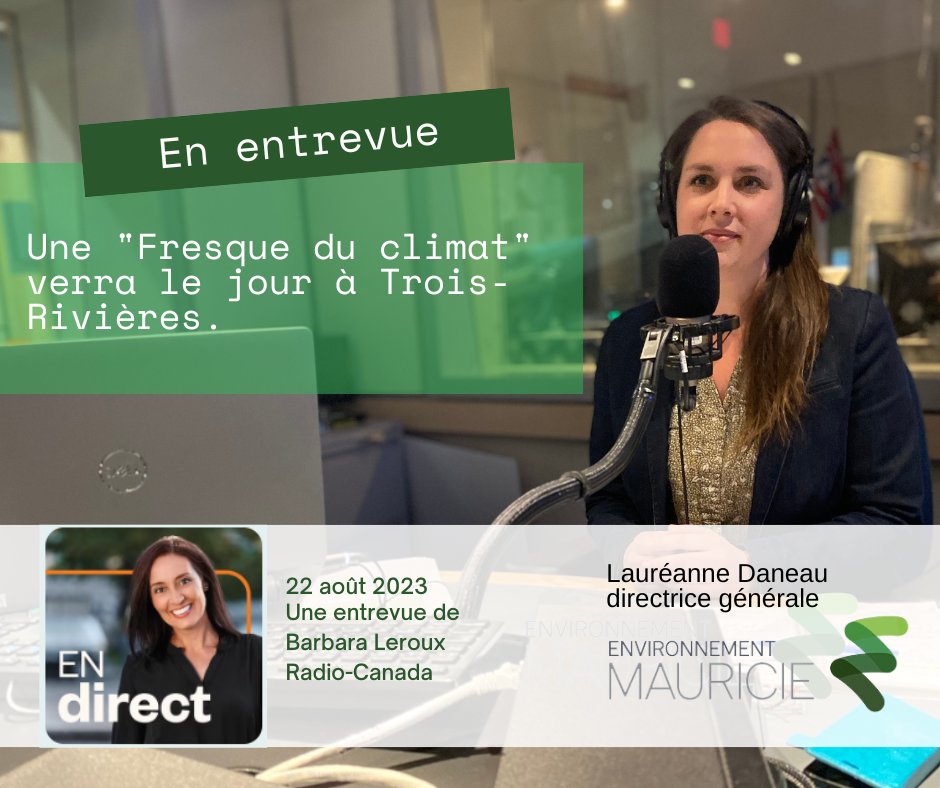 🎙️𝗘𝗻 𝗲𝗻𝘁𝗿𝗲𝘃𝘂𝗲 𝗽𝗼𝘂𝗿 𝗹𝗮 𝗙𝗿𝗲𝘀𝗾𝘂𝗲 𝗱𝘂 𝗰𝗹𝗶𝗺𝗮𝘁.
Notre directrice générale Lauréanne Daneau était en entrevue sur les ondes de Radio-Canada pour parler des ateliers « 𝑭𝙧𝒆𝙨𝒒𝙪𝒆 𝒅𝙪 𝙘𝒍𝙞𝒎𝙖𝒕 » qui auront lieu àTrois-Rivières cet automne.