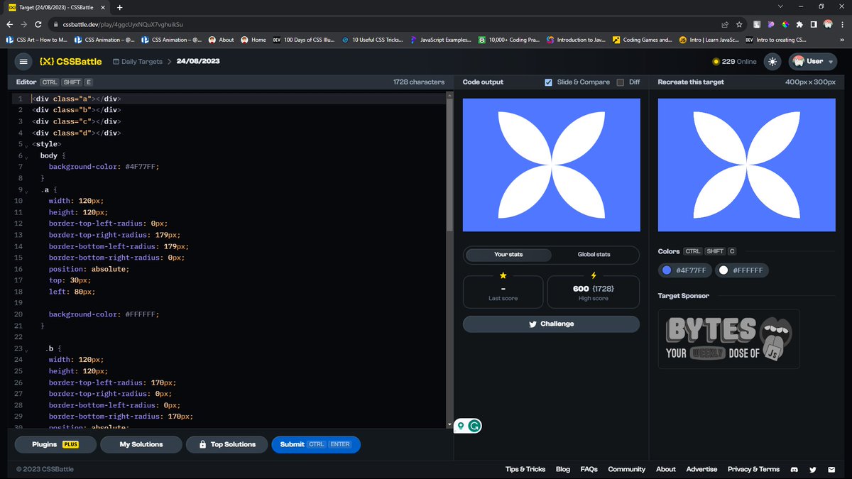 NripendraBhatt7's tweet image. {⚔️} Day 1 of #CSSBattleDaily streak: Aug 24  — 600 score / 1728 chars cssbattle.dev/play/4ggcUyxNQ… via @css_battle