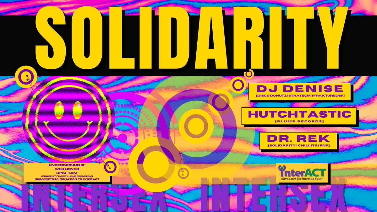 interACT_adv's tweet photo. interACT is absolutely thrilled to see a new annual event celebrating Intersex Day of Solidarity for #intersex people, #LBGTQIA+ folks &amp; supporters! 11/8, 8pm-1am at Underground SF 🪩 https://t.co/WBmgTvkmzl https://t.co/ZOviOZFRlV