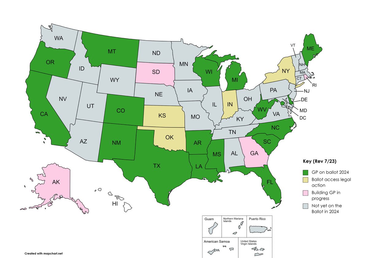 Greens are working to get ballot access in all 50 states in 2024. If you live in a state below that does not have ballot access and want to help click on this link (gp.org/ballot_access) & sign up to volunteer! We deserve better than two corporate parties who are in cahoots!