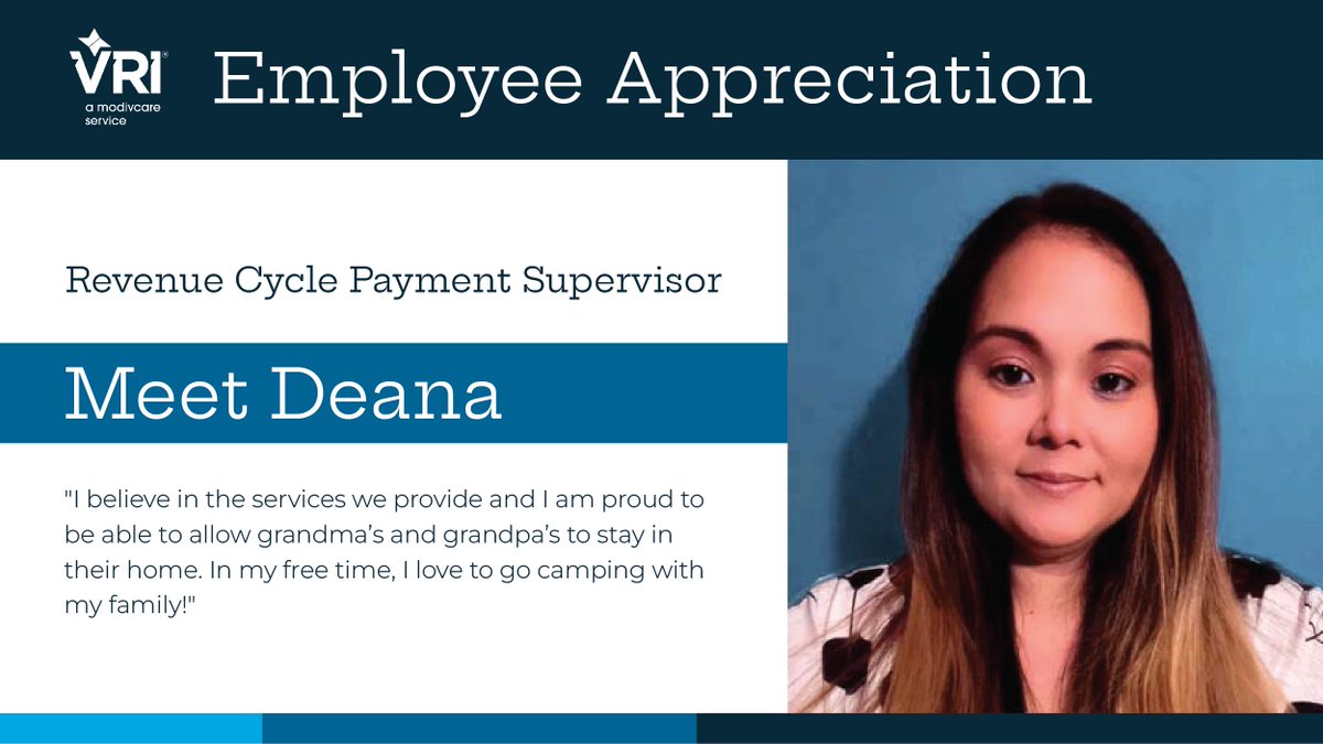 Meet Deana.

"I believe in the services we provide and I am proud to be able to allow grandma’s and grandpa’s to stay in their home. In my free time, I love to go camping with my family!"

(Deana Carl: Revenue Cycle Payment Supervisor)

#Healthcare #Eldercare #Seniorcare