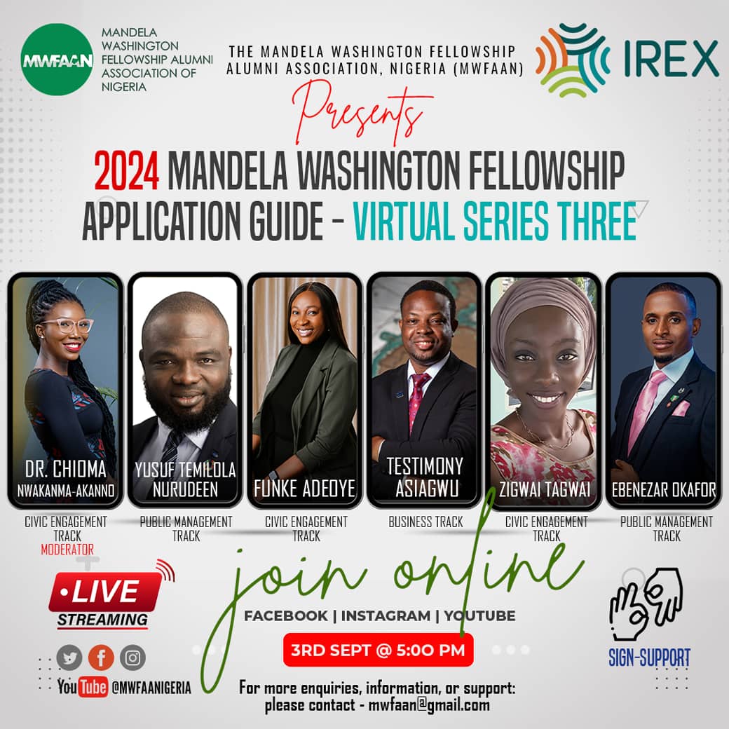MWFAANigeria's tweet photo. MWF 2024 APPLICATION REVIEW GUIDE

Dear aspiring 2024 Mandela Washington Fellow,

With less than a 1% acceptance rate into the fellowship, our upcoming Fellowship Application Guide Webinar will supercharge your application process!

Register here: https://t.co/2DdGWzkDS1 https://t.co/s0p7ThEltx