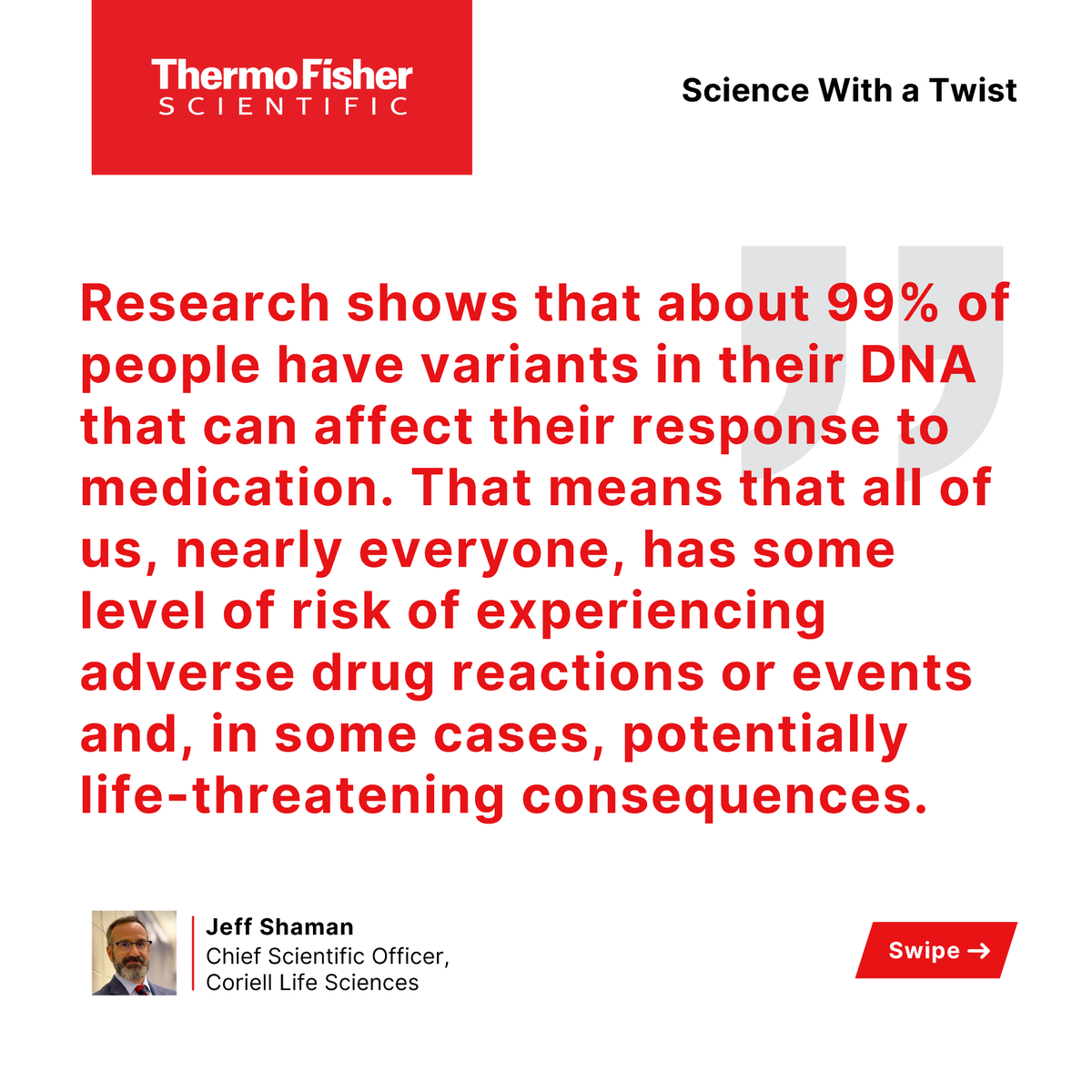 thermofisher's tweet photo. #ICYMI, the latest episode of our #ScienceWithaTwist podcast is live! Jeff Shaman of @CoriellLife explains how #pharmacogenomics and #PrecisonMedicine are revolutionizing #healthcare.