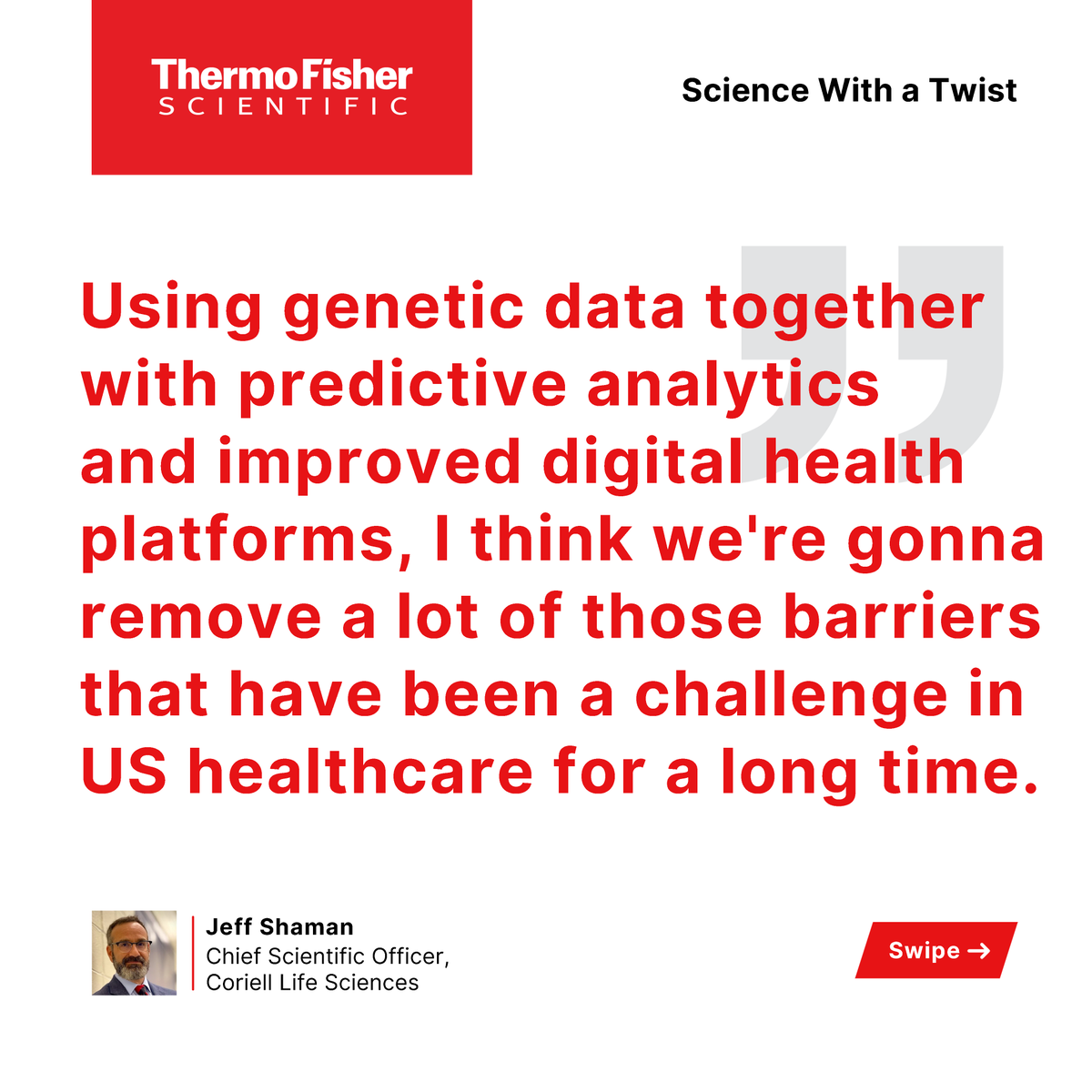 thermofisher's tweet photo. #ICYMI, the latest episode of our #ScienceWithaTwist podcast is live! Jeff Shaman of @CoriellLife explains how #pharmacogenomics and #PrecisonMedicine are revolutionizing #healthcare.