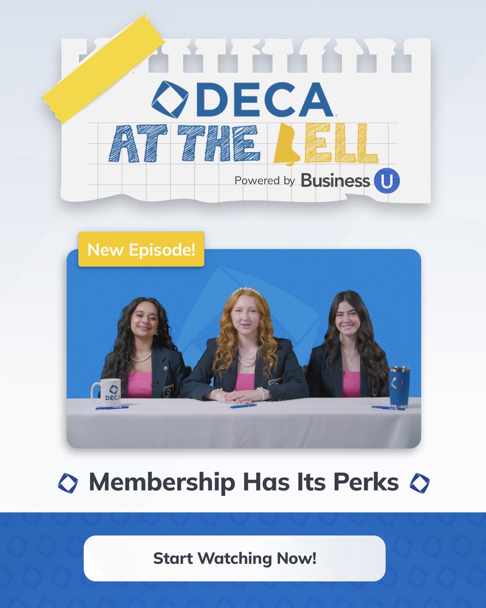 StukentCTE's tweet photo. In case you missed it — We’re back this week with new episodes of  🔷 DECA at the Bell featuring the @DECAInc Executive Officers. Catch episodes bi-weekly on Tuesday’s. Link in bio to start watching now!

#businessu #deca #highschoolteachers https://t.co/n1rkDkbCY4