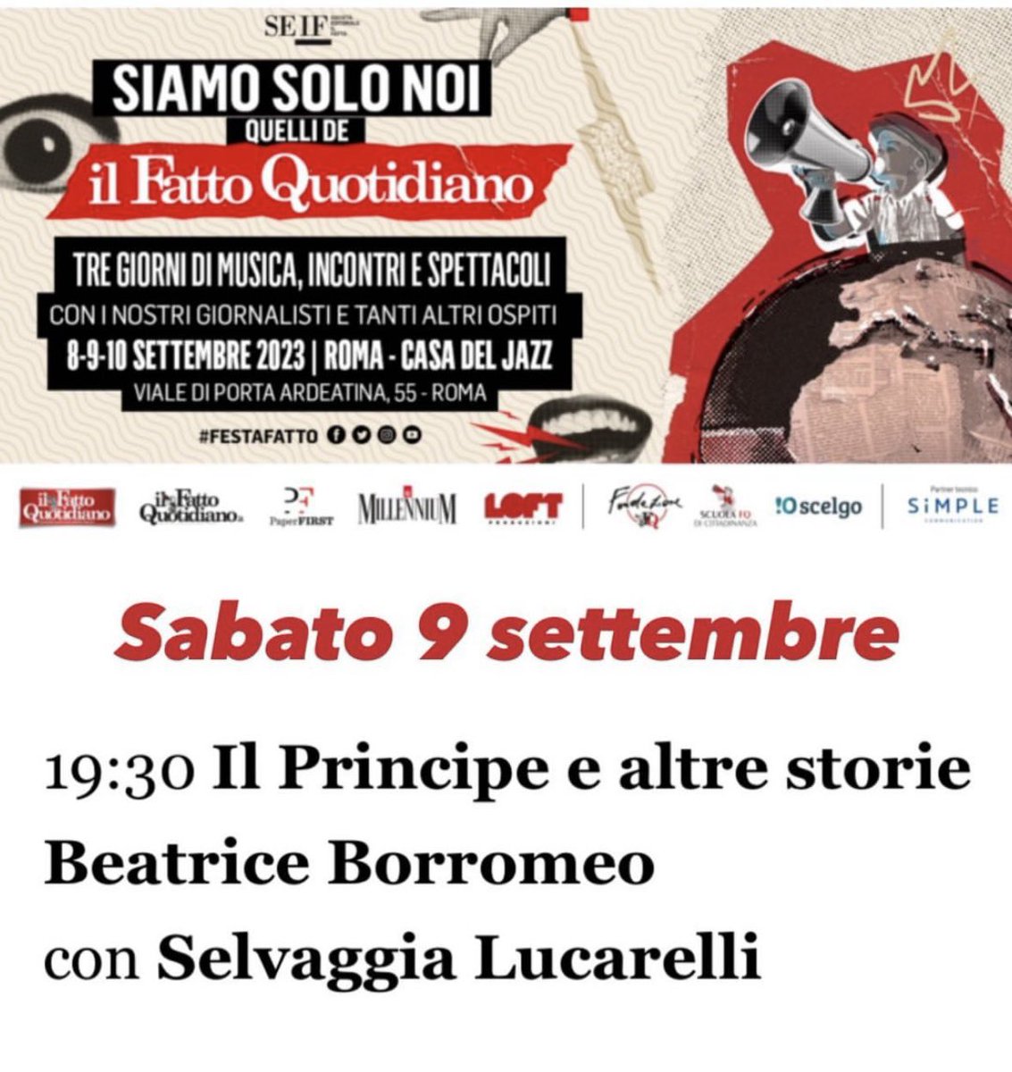 BorromeoBea's tweet photo. Sabato 9 settembre sono alla festa del @fattoquotidiano a Roma per parlare con @stanzaselvaggia de #IlPrincipe @NetflixIT https://t.co/MFCaDYIlrn