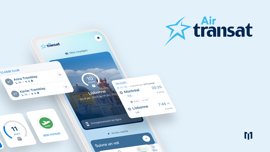 mirego's tweet image. Cet hiver, nous avons lancé une toute nouvelle version de l’app mobile d’@airtransat, dont la mission est d’accompagner les voyageurs et voyageuses à toutes les étapes, tant pour un vol que pour un forfait vacances. ✈

Découvrez les détails du projet : mirego.com/fr/projets/air…