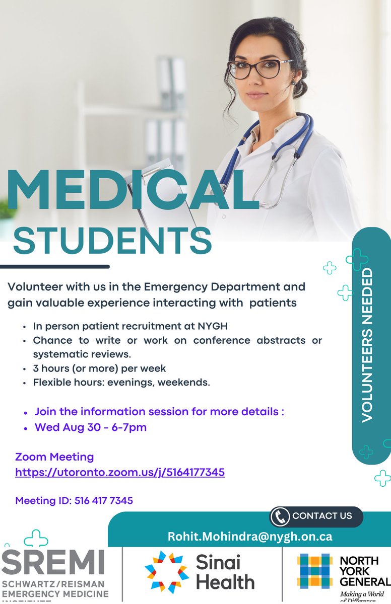 We are looking for U of T medical student volunteers at NYGH this fall! Please join us 

<a href="/SREMI_MSH/">SREMI</a> <a href="/CVarnerEmerg/">Catherine Varner</a> <a href="/EMCases/">Anton Helman</a> <a href="/SMcLeod_SREMI/">Shelley McLeod</a> <a href="/CThompson_SREMI/">Cam Thompson</a>
