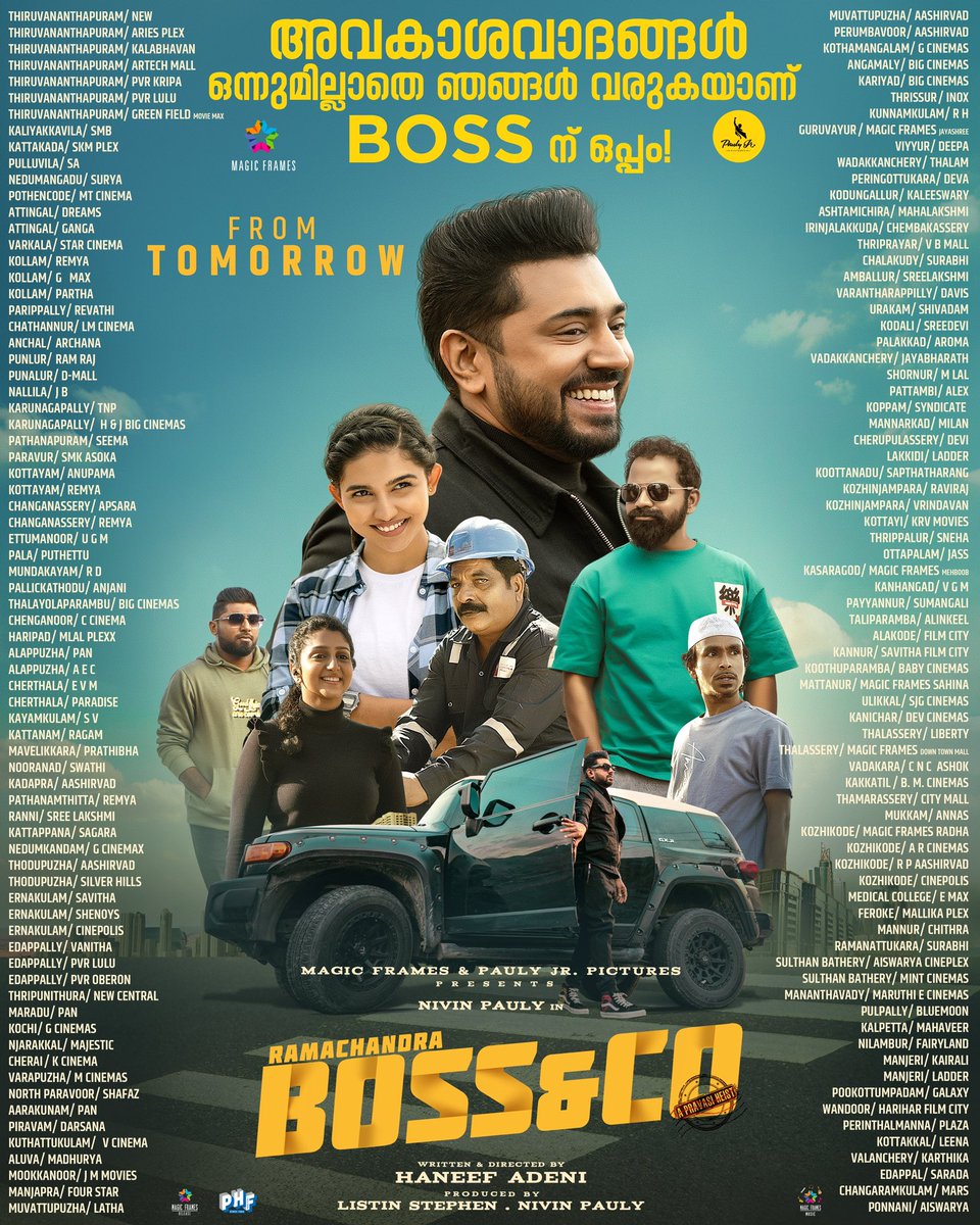 NivinOfficial's tweet photo. #RamachandraBossandCo Kerala Theatre List 😊

@haneef_adeni @ListinStephen @magicframes2011 @PaulyPictures #VinayForrt #JaffarIdukki #MamithaBaiju #ArshaBaiju #VijileshVT #SreenathBabu https://t.co/cUsx2bz9EY