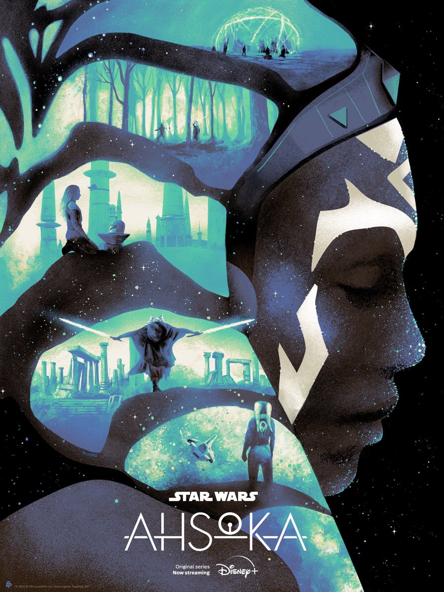 StarWarsUK's tweet photo. This stunning piece from @bellagraceart starts our EMEA artist poster series for Ahsoka, drawing on the journey through the galaxy that awaits in the new series. Don't miss the two-episode premiere of #Ahsoka, streaming now on @DisneyPlusUK. https://t.co/fBPJIPvyYZ