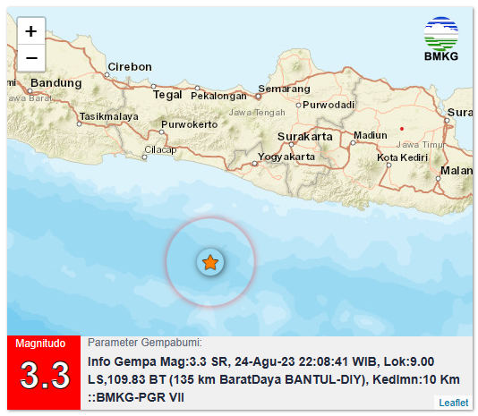 bmkgjogja's tweet photo. Info Gempa Mag:3.3, 24-Aug-23 22:08:41 WIB, Lok:9.00 LS,109.83 BT (135 km BaratDaya BANTUL-DIY), Kedlmn:10 Km ::BMKG-PGR VII https://t.co/3NhSizOLeP