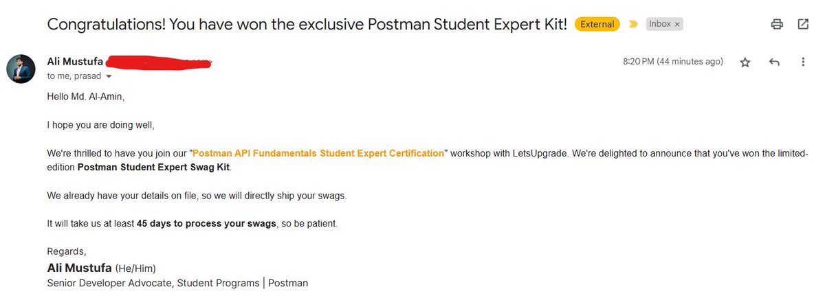 alamin_karno's tweet image. 🎉 I've won the Postman Student Expert Kit from the "Postman API Fundamentals Student Expert Certification" workshop with LetsUpgrade! 🚀 Thanks to @LetsUpgradeIO and @postmanclient for this awesome recognition. Can't wait to dive deeper into APIs! 🌐📚 #PostmanStudentExpert