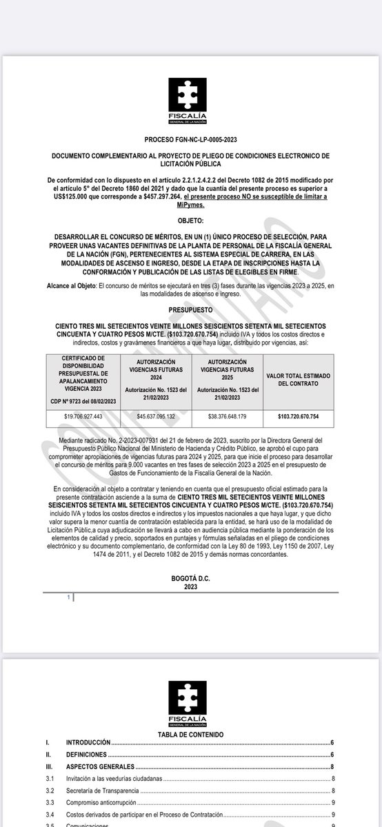 GabrielGEscobar's tweet image. ATENCIÓN 🚨! El Fiscal Francisco Barbosa, a cual le quedan menos de 6 meses para culminar su periodo, pretende adjudicar un contrato para desarrollar un concurso de méritos que tiene como finalidad proveer vacantes definitivas de la planta de personal de esta entidad por un valor…