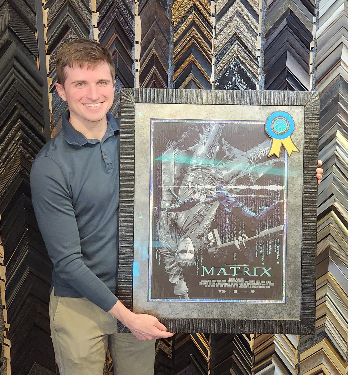 FrameDeArt's tweet image. Congratulations to Dillon for being one of our 2023 Summer Poster Contest winners! We framed his Matrix print with a Spark frame and holographic mats!  Dillon is one happy customer and also got a $100 framing gift certificate!

#Matrix #SparkFrames #Musuemglass #Denver #Colorado