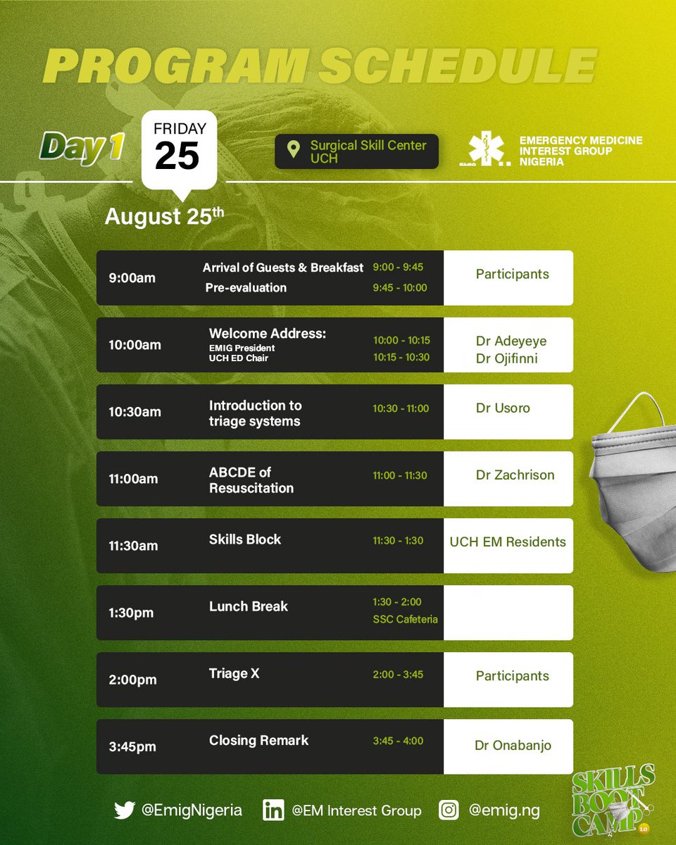 emignigeria's tweet photo. Less than 24 hours to go ‼️‼️‼️

Here’s our Skills Boot Camp Schedule 
 
Date: 25-26th august, 2023. 
Time: 9am-4pm WAT
Venue: Vertical Extension Building  UCH Ibadan 

#emigbootcamp https://t.co/40GhEXzyjj