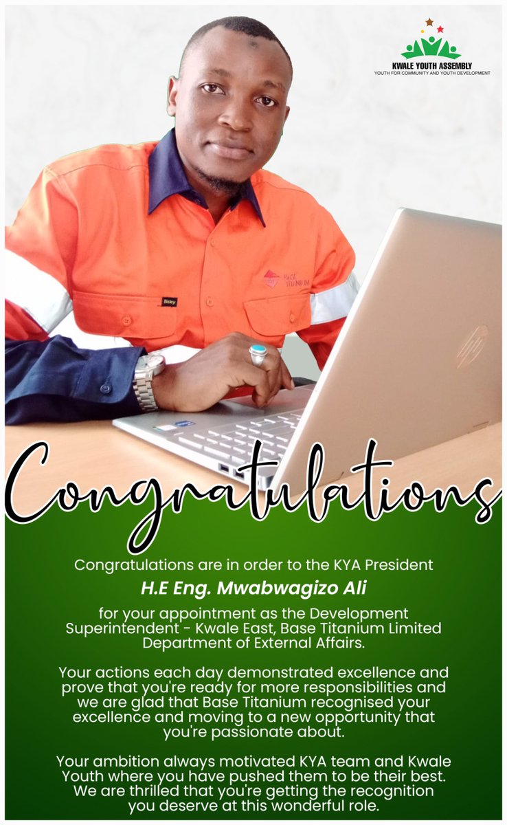 Kwale Youth Assembly (@kwaleyouth) on Twitter photo Congratulations are in order Mr President <a href="/MwabwagizoR/">Mwabwagizo Ali Rashid (Eng)</a> for your appointment as Development Superintendent -Kwale East <a href="/BaseTitanium/">Base Titanium</a> <a href="/baseresources/">Base Resources</a> .Thank you <a href="/BaseTitanium/">Base Titanium</a> <a href="/baseresources/">Base Resources</a> for recognizing the potential of Kwale County Youth.All the best in your new role. Congratulations are in order Mr President <a href="/MwabwagizoR/">Mwabwagizo Ali Rashid (Eng)</a> for your appointment as Development Superintendent -Kwale East <a href="/BaseTitanium/">Base Titanium</a> <a href="/baseresources/">Base Resources</a> .Thank you <a href="/BaseTitanium/">Base Titanium</a> <a href="/baseresources/">Base Resources</a> for recognizing the potential of Kwale County Youth.All the best in your new role.