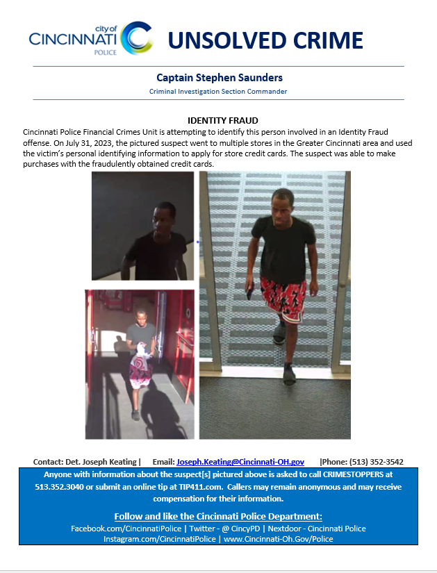 CincyPD's tweet photo. The Financial Crimes Unit is attempting to identify the person below. If you have any information, please contact CPD at 513-352-3542. https://t.co/iDq7WuzHn4