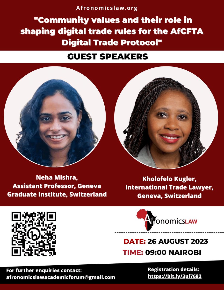 EVENT: Afronomicslaw Academic Forum Guest Lecture Series: - Community values and their role in shaping digital trade rules for the AfCFTA Digital Protocol with @neha_mishra_nm & @Kholofelo_M. - Saturday Aug. 26, 2023 - Zoom Reg. Required ⬇️ afronomicslaw.org/category/acade…