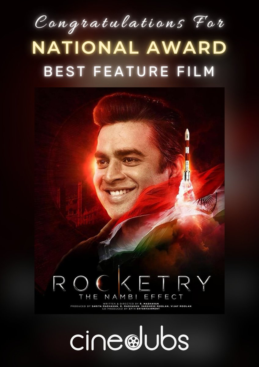 cinedubs_app's tweet photo. Rocketry-The Nambi Effect win the most prestigious National Award for Best Feature Film. @cinedubsofficial Congratulates our Global Brand Ambassador @ActorMadhavan

#rocketrythenambieffect #rocketrythefilm #nationalawards #nambinarayanan #rmadhavan #actorsuriya #srk #cinedubs https://t.co/vgF2mys1Nu