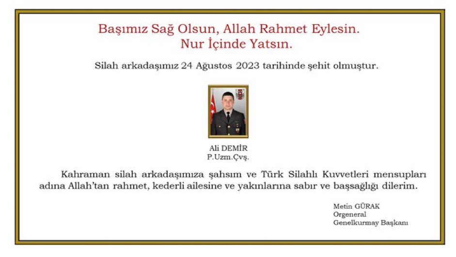 Pençe-Kilit Harekât bölgesinde şehit olan vatan evladı ALİ DEMİR’e Allah’tan rahmet, ailesine sabırlar dilerim. Milletimizin başı sağ olsun. 🇹🇷🇹🇷🇹🇷